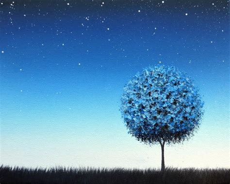 Blue Night Landscape Painting, Starry Night Sky At Twilight, ORIGINAL ...