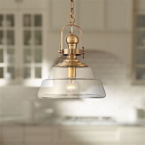 Possini Euro Design Antique Brass Pendant Light 13" Wide Modern Industrial Clear Glass Fixture ...