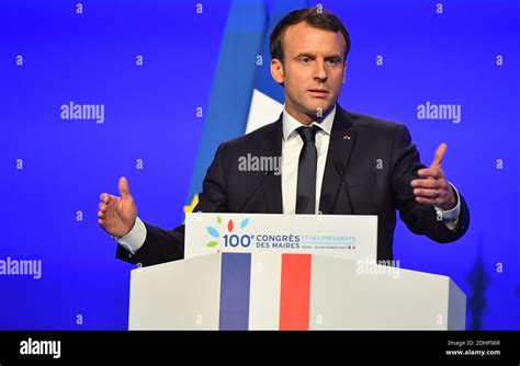 French President Emmanuel Macron delivers a speech during the 100th ...