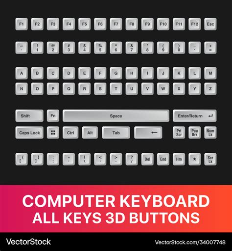 Computer keyboard all keys buttons 3d icon set Vector Image