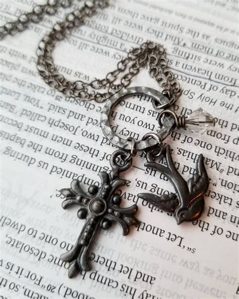 Black Cross and Dove Necklace, Cross Dove Gunmetal Chain Necklace, Long Cross Necklace, Gunmetal ...