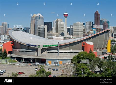 Saddledome stadium, Downtown Calgary and Calgary Tower, Alberta, Canada Stock Photo - Alamy