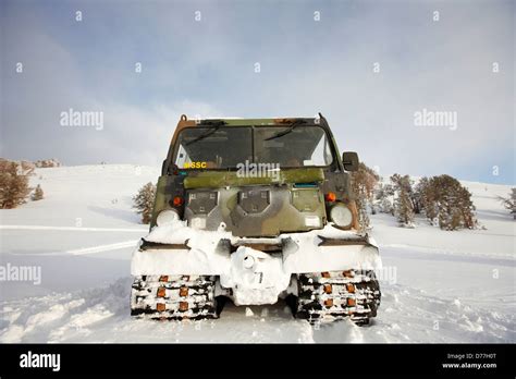 USA California Bandvagn 206 tracked articulated all-terrain carrier being driven through snow by ...