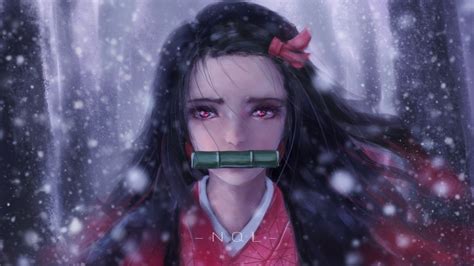 Demon Slayer Red Eyes Nezuko Kamado Wearing Red Dress With Shallow Background Of Snow Falling HD ...