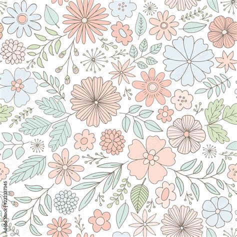 Vector floral pattern in doodle style with flowers and leaves. Feminine, spring floral seamless ...