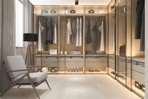 3d rendering minimal scandinavian wood walk in closet with wardrobe ...