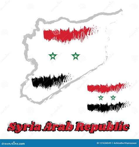 Map Outline and Brush Style Color of Syria Flag, Horizontal Tricolour ...