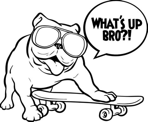 a dog on a skateboard with a bubble saying what's up bro?