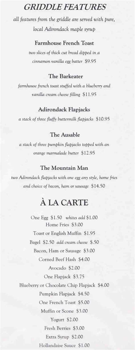 Farmhouse Cafe Menu, Lake Placid, NY