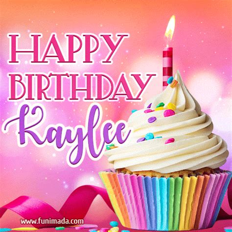 A GIF featuring the name Kaylee, a decorated cupcake with a lit candle ...