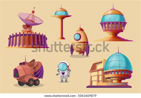 Vector Mars Colonization Cartoon Set Spaceship Stock Vector (Royalty ...