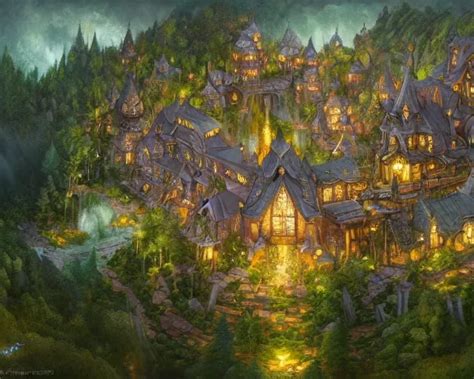 fantasy village next to a forest, aerial view, deep | Stable Diffusion