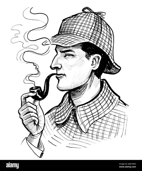 Sherlock Holmes character smoking pipe. Ink black and white drawing Stock Photo - Alamy