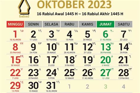 Kalender Jawa Oktober 2023 Lengkap dengan Weton dan Hari Libur Nasional ...