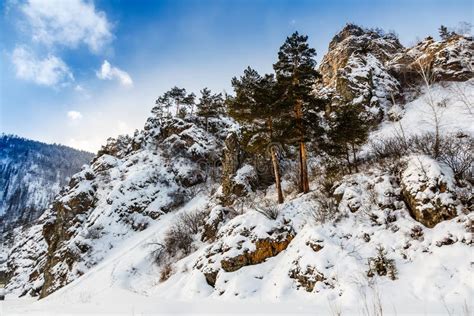 Winter landscape, rock top stock image. Image of pine - 67372277