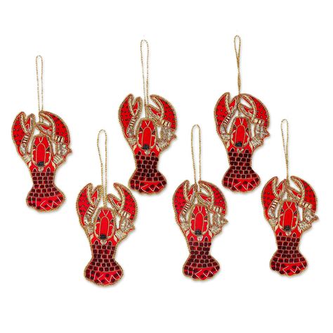 UNICEF Market | Beaded and Embroidered Lobster Ornaments (Set of 6) - Holiday Lobsters