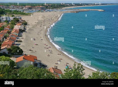 Sandy Mediterranean beach Le Racou in Argeles sur Mer with its old ...