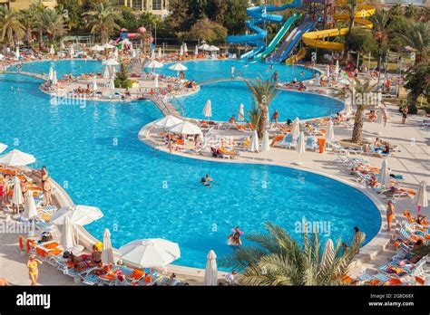 Antalya, Turkey-October 18, 2013: People swimming in the swimming pool ...