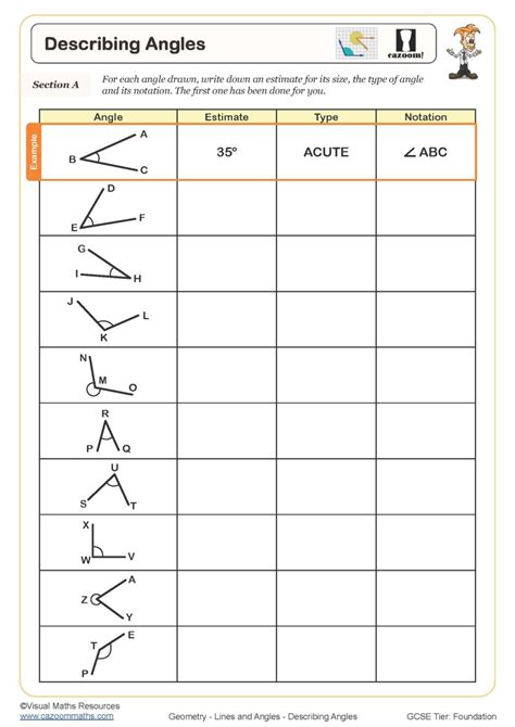 Describing Angles Worksheet | Cazoom Maths Worksheets