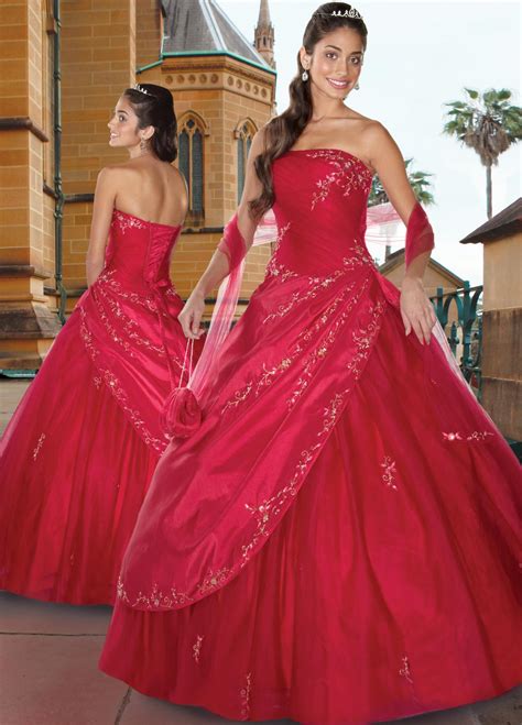 Red Ball Gown Strapless Lace up Floor Length Embroidered and Ruffled ...