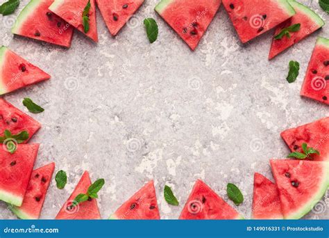 Sliced Watermelon Border on Grey Background, Top View Stock Image - Image of life, culture ...
