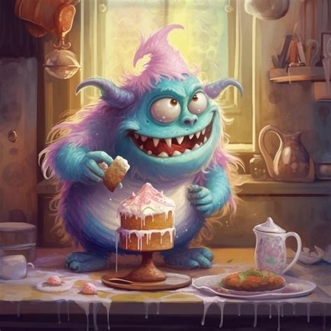 Premium Photo | There is a cartoon monster that is eating a cake generative ai