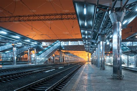 Railway station at night railroad containing train, railway, and ...