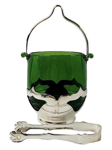 Vintage Forest Green Glass & Silver Plate Ice Bucket