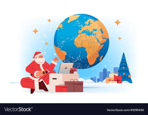 Santa claus in red costume sitting near world map Vector Image