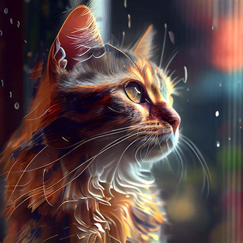 Premium Photo | Siberian cat in the rain digital painting with a double exposure effect