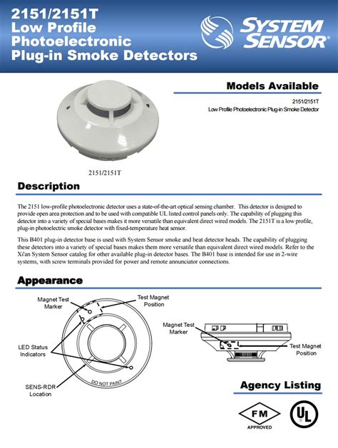 SYSTEMSENSOR 2151 Photoelectric Smoke Detector, Plug-in, Low-Profile with B401 Base