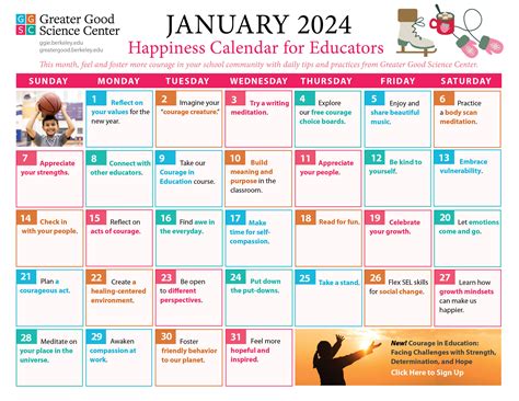 Happiness Calendar for Educators for January 2024