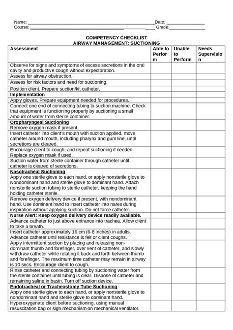 Competency Checklist - Suctioning | Exercises Nursing | Docsity