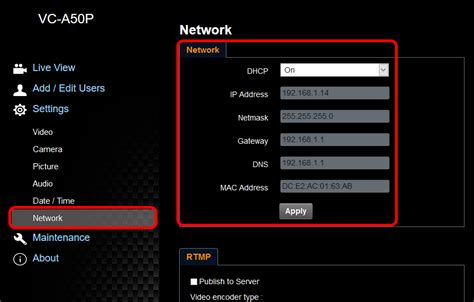 Network settings: mCAM PTZ Camera – Multicam Systems Help Center