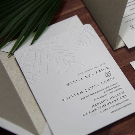 32. Embossed Tropical Palm on Minimal Invitation | Wedding invitations stationery, Letterpress ...