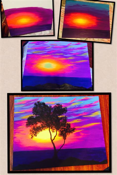 three paintings of trees and sunsets in different stages of being ...