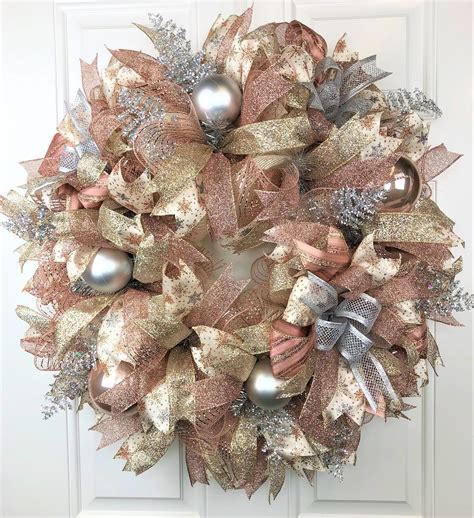 Rose Gold Wreath, Rose Gold Christmas Wreath, Rose Gold Christmas Decor, Rose Gold and Champagne ...