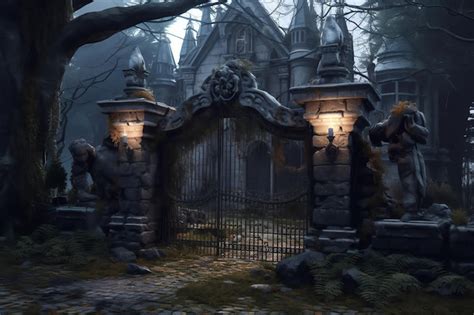 Premium Photo | A creepy haunted house with a gate that says'haunted'on it