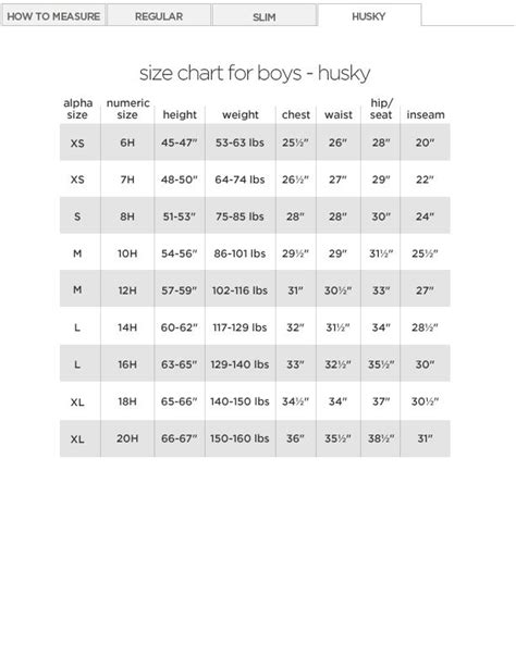 Boys Husky Size Chart