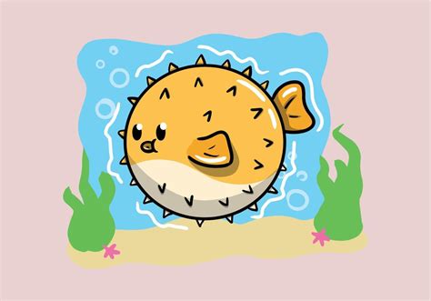 Hand drawn Yellow Puffer fish cartoon character isolated on background. Cute Blowfish. 20921206 ...