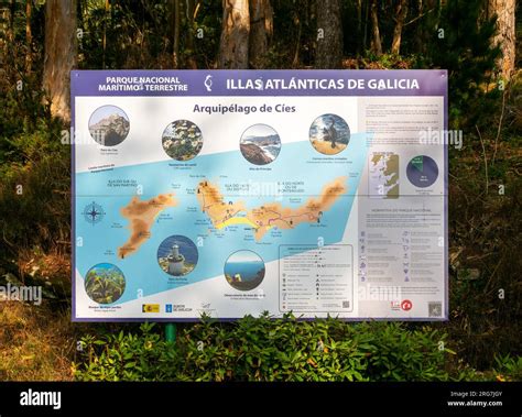 Map and information sign, Atlantic Islands Galicia Maritime Terrestrial National Park, Cies ...