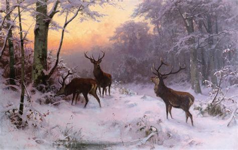 Deer in a Winter Woodland , 1874 by Arthur Thiele | Winter landscape painting, Landscape ...