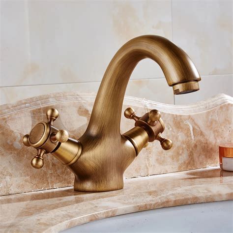 Bathroom Sink Faucet Antique Brass Basin Mixer Tap Double Cross Head ...