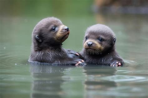 Baby Otters Floating on Their Backs, Holding Hands while they Take in ...