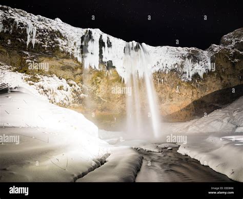 Seljalandsfoss, Iceland View of Seljalandsfoss waterfall at night Stock ...