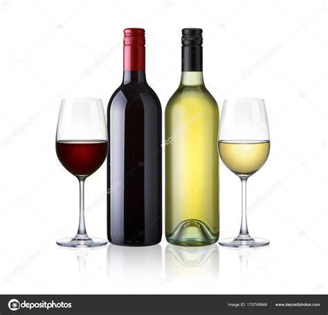 Bottles and glasses of white and red wine isolated on white back Stock ...