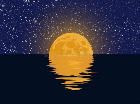 Starry Sky And Full Moon With Reflection In The Water. Stock Vector ...