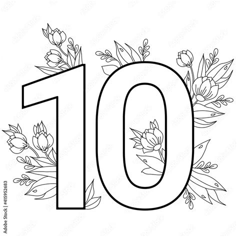 Flower number ten. Decorative pattern 10 with flowers, tulips, buds and leaves. Vector ...