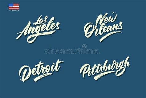 Usa City Names Set Made in Handwritten Vintage Style Stock Illustration ...