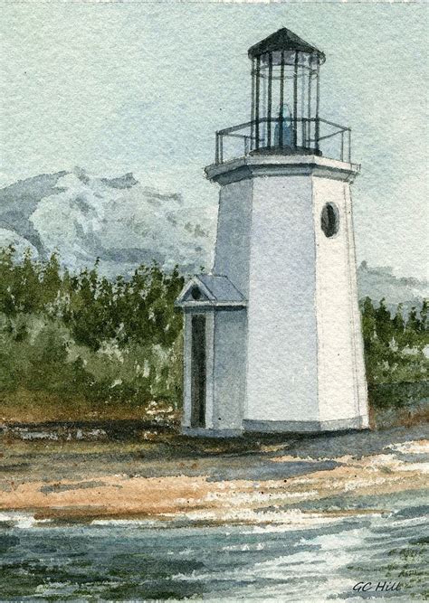 Gig Harbor Lighthouse & Mt. Rainier, Washington. Gerald Hill Watercolor ...